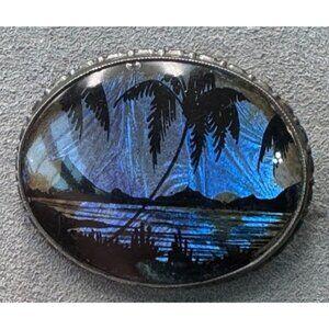 Vintage Morpho Butterfly Wing Oval Brooch Tropical Island Scene